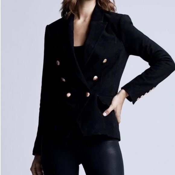 L’agence Women’s Black Suede Kenzie Sz 12 Double-Breasted Blazer Gold Buttons - Picture 2 of 9